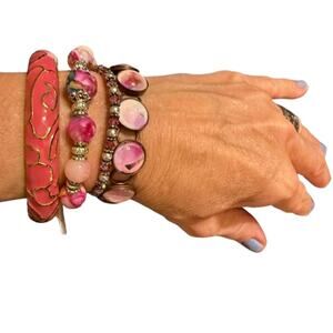 Bundle of Four Pink Glass Enamel Beaded Bracelets